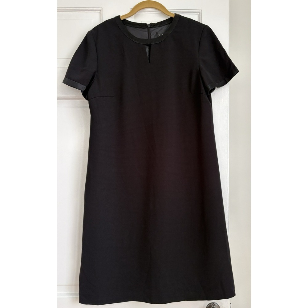 Virgo Black Short Sleeve‎ Shift Dress Satin Trim Keyhole Neck Size 10